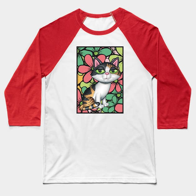 Cute Calico Kitty Cat with multi colored flowers Baseball T-Shirt by Danny Gordon Art